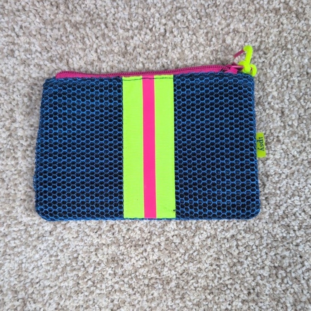 Ipsy Blue Mesh Makeup Bag Cosmetic Pouch‎ Neon Green Pink Stripe Zipper